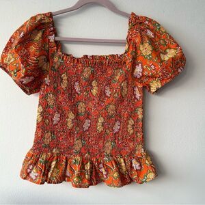 dRa Orange Smocked Puff Sleeve Blouse